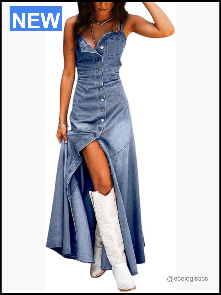 Spaghetti Strap Smocked Back Denim Maxi Dress Sleeveless Button Down A-Line